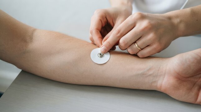 Medical professional applying ECG sensor electrode to a Caucasian adult male patient arm for cardiac testing