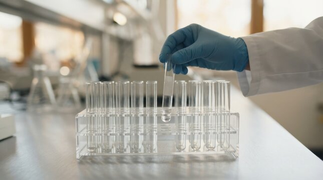 Scientist in lab coat holding a test tube with liquid over a rack of glassware, medical research concept