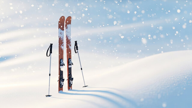 Wooden ski and pole standing in fresh snow on a sunny winter day with falling snow. Winter sports equipment for mountain fun.