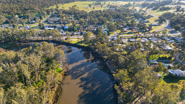 Barmah in Victoria, Australia - Aerial image of the rural township surrounded by dense eucalyptus woodland, with the Murray River, a water tower in Northern Victoria