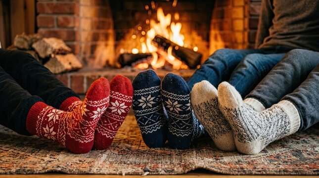 Cozy couple wearing warm woolen socks relaxing by a crackling fireplace on a cold evening with captures warm intimate moment couple sits fireplace enjoying heat ambiance fireplace feet clad indoors