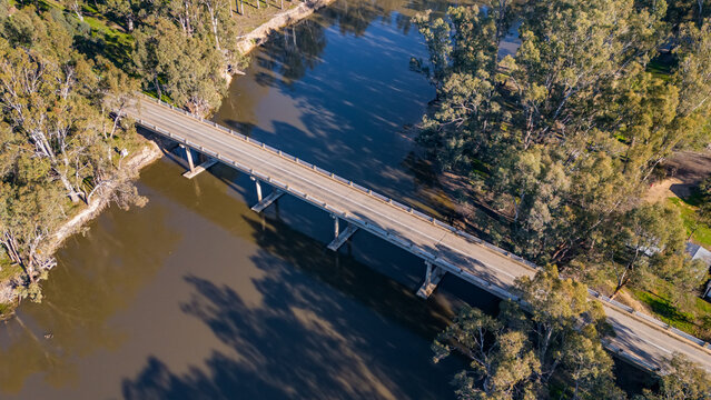 Barmah in Victoria, Australia - Aerial image of the rural township surrounded by dense eucalyptus woodland, with the Murray River, a water tower in Northern Victoria