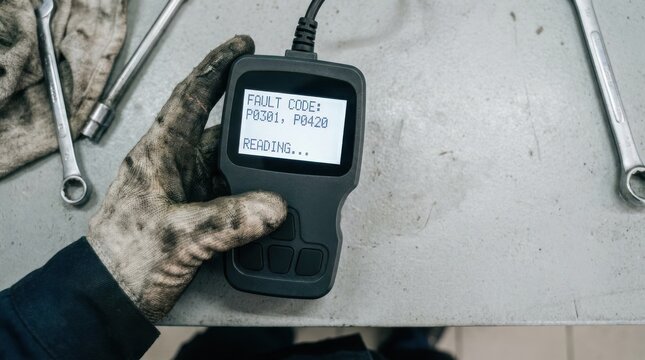 Mechanic holding OBD2 car diagnostic scanner showing fault codes in auto repair shop
