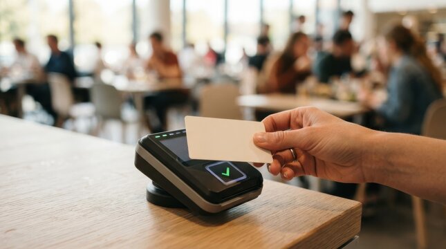 Contactless payment with credit card on a POS terminal at a restaurant by female customer