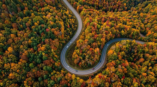 Winding mountain road through vibrant autumn forest with cars with captures scenic winding road cutting through dense forest ablaze vibrant colors autumn foliage countryside seasonality landscape