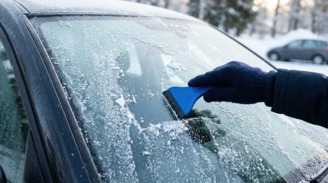 Person scraping frost and ice from a car windshield on a cold winter morning, vehicle maintenance concept
