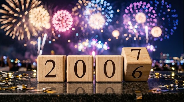 Wooden blocks with backdrop vibrant fireworks blocks numbers forming 2007 against backdrop twenty seven forming 2006 twenty six commemoration illumination celebration anniversary background with event