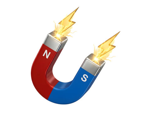 3d horseshoe magnet with electric lightning bolts isolated on transparent background
