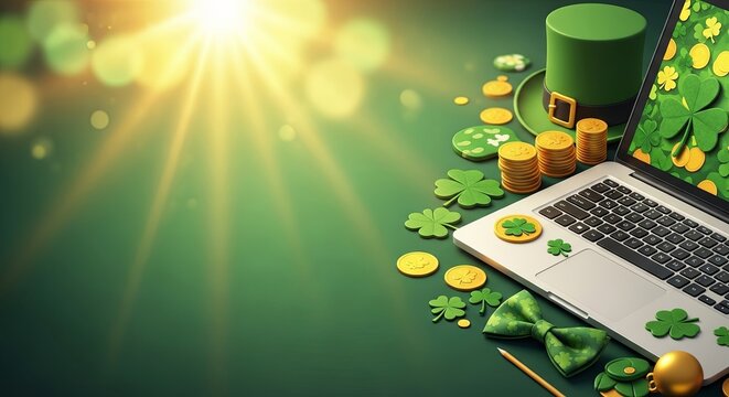 Laptop with shamrock and gold coins on green background. St. Patricks Day celebration and Irish luck concept. Digital festive promotion.