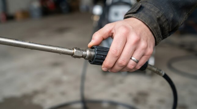 Close-up of a man holding a high-pressure washer wand and hose in a garage, representing pressure cleaning