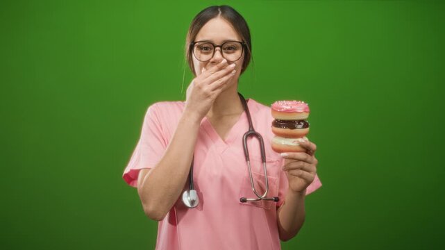 Woman doctor in pink scrubs holds stacked donuts and covers mouth with hand in studio; temptation health contrast.