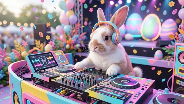 Cute white bunny DJ wearing headphones mixes music on colorful turntables. Adorable rabbit performer at Easter party stage with confetti eggs and balloons. Fun animal entertainment for spring holiday