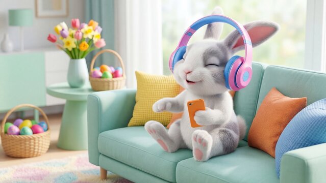 Cute bunny rabbit with pink headphones listening to music on smartphone while relaxing on green couch. Easter holiday scene with colorful eggs in baskets and tulips in vase. Cozy living room interior