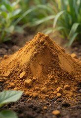 Fototapeta premium Pile of brown granular fertilizer on dark soil with Green plants in a garden, agriculture and growth