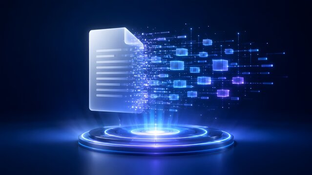 Futuristic 3D hologram of a digital document breaking into data blocks symbolizing digital transformation and blockchain technology.