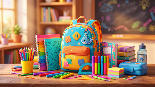 Colorful school backpack and supplies on wooden desk in sunny classroom. Notebooks pencils markers books globe and chalkboard with drawings. Back to school preparation education and learning concept