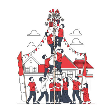 Indonesian traditional independence day games illustrated with citizens participating in the famous panjat pinang event.