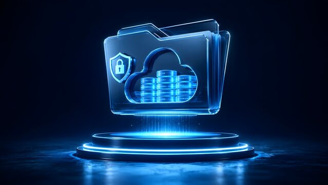 Futuristic glowing digital folder with a cloud database and security lock symbolizing encrypted file storage and cyber data protection.