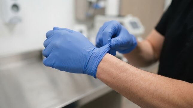 Male doctor putting on blue medical nitrile gloves in clinic exam room for patient safety and hygiene