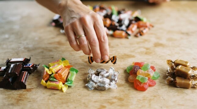 Woman sorting different types of Halloween candy on a wooden table to prepare treats for trick or treaters