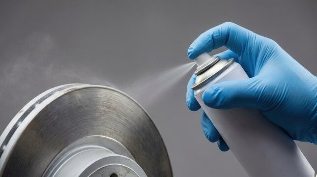 Mechanic spraying brake cleaner on a car disc rotor using an aerosol can for maintenance and repair