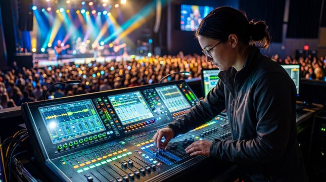 Woman audio engineer operating mixing console at live concert. Music event technology and production concept for radio broadcasting