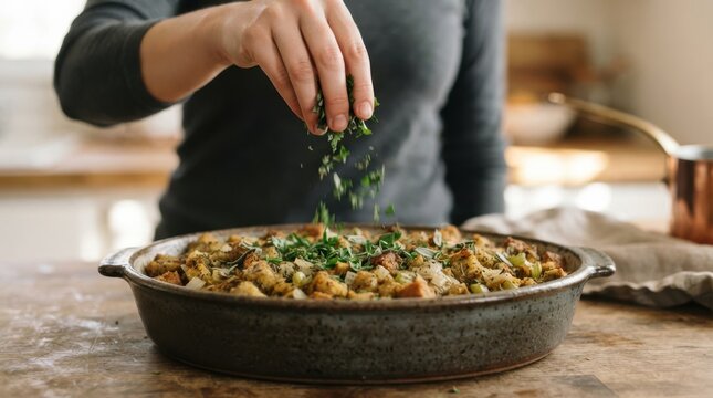 Woman seasoning homemade traditional bread stuffing in a ceramic baking dish with fresh herbs for Thanksgiving dinner