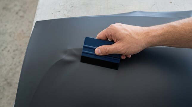 Applying matte black vinyl wrap with a squeegee on a car hood by a professional wrapper
