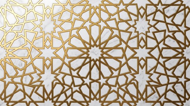 Islamic geometric pattern in gold on white marble, elegant arabic star ornament, luxury middle eastern background for ramadan and eid