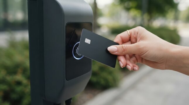 Woman paying with a contactless credit card at an electric car charging station outdoors
