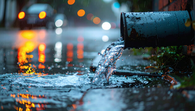 Drainage pipe discharging heavy rainwater into a flooded city gutter during a dark storm with blurry traffic light bokeh