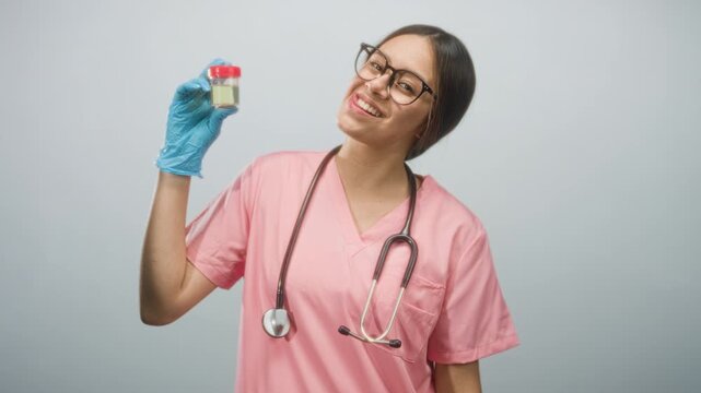 Woman doctor holding urine sample cup with gloved hand, smiling and wearing stethoscope and pink scrubs in studio; professional confidence.