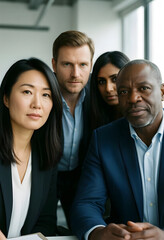 Obraz premium Diverse business team of four professionals looking directly at the camera in a modern office setting, the group is composed of men and women in formal attire, a corporate or office environment