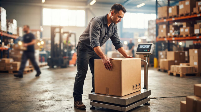 Man worker weighing cardboard box on industrial scale in warehouse. Warehouse staff checking product cargo weight before shipping. Distribution center logistics and supply chain management