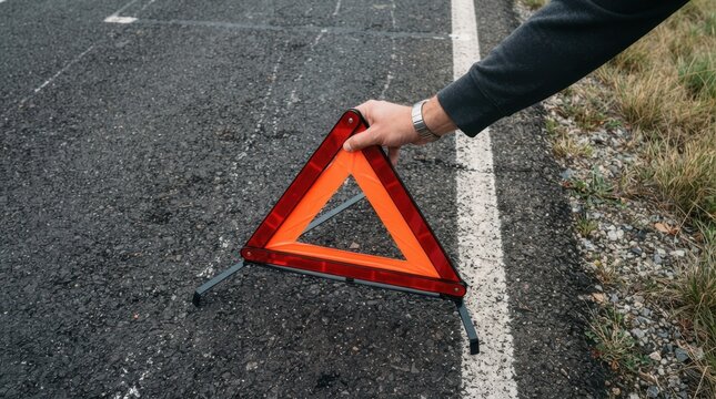 Person setting up a red reflective emergency breakdown triangle on an asphalt road shoulder for safety