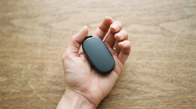 Woman holding a small black smart tracker device in her hand to locate lost personal items