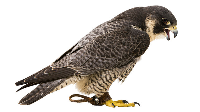 Peregrine falcon with leather jesses and hood, isolated on transparent background