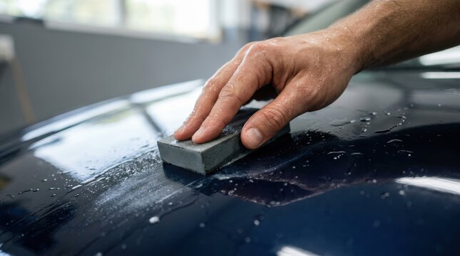 Professional car detailing service worker wet sanding a dark blue vehicle hood with a sanding block