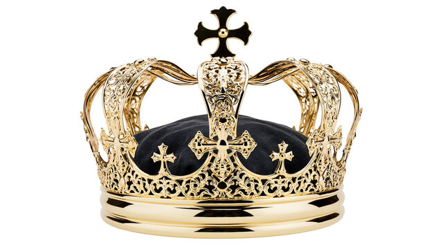 Ornate golden crown with intricate filigree and cross resting on black velvet, isolated on transparent background