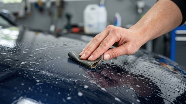 Professional mechanic wet sanding a blue car body part with sandpaper in a repair shop