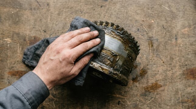 Mechanic cleaning greasy car engine part with a rag in a workshop, automotive repair and maintenance concept