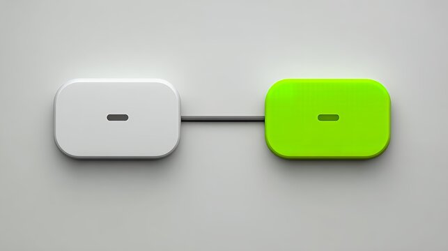 Minimalist 3D illustration of two rectangular modules in white and neon green connected by a single wire, energy transfer concept.