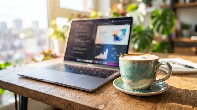 Laptop with coding interface and coffee cup on wooden table. Programmer workspace with software development environment and hot drink. Remote home office setup for freelance data analyst