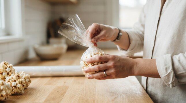 Woman packaging homemade popcorn balls into clear plastic bags for gifts on a wooden kitchen counter