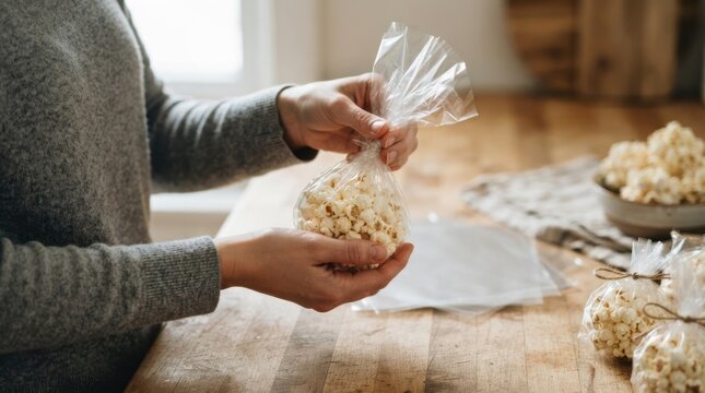Woman packaging homemade popcorn in clear plastic bags for party favors at a rustic wooden table