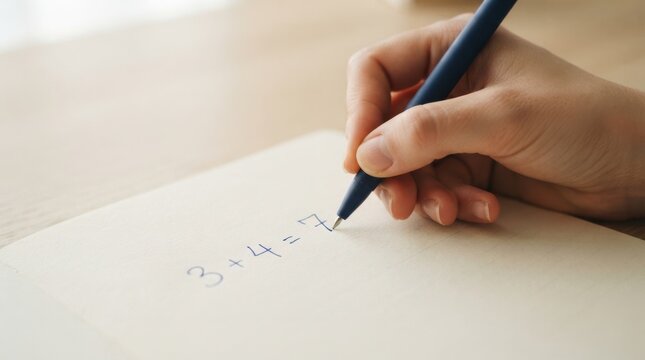 Woman writing simple math addition equation on paper with pen