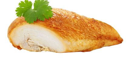 Golden roasted chicken breast with fresh green cilantro leaf, isolated on transparent background © STUDIOP