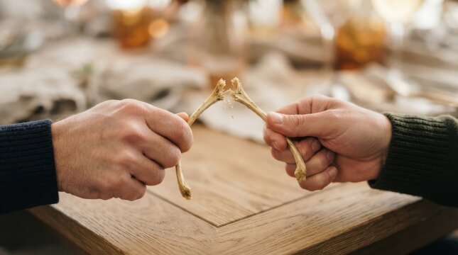 Two people pulling and breaking a wishbone during a festive holiday dinner celebration table