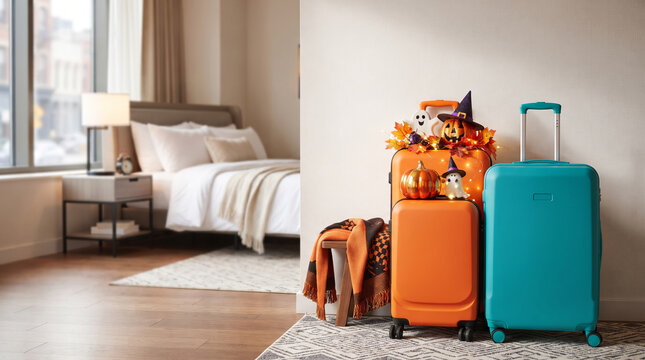 Suitcases decorated with Halloween ornaments in hotel room. Teal and orange luggage ready for vacation during autumn holiday. Travel and tourism concept for fall season trip away