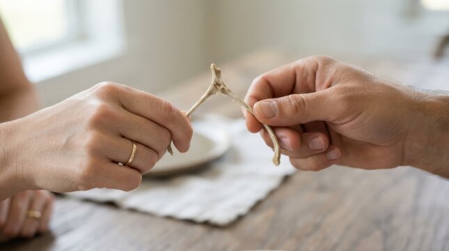 Man and woman pulling a turkey wishbone during a traditional family holiday dinner celebration